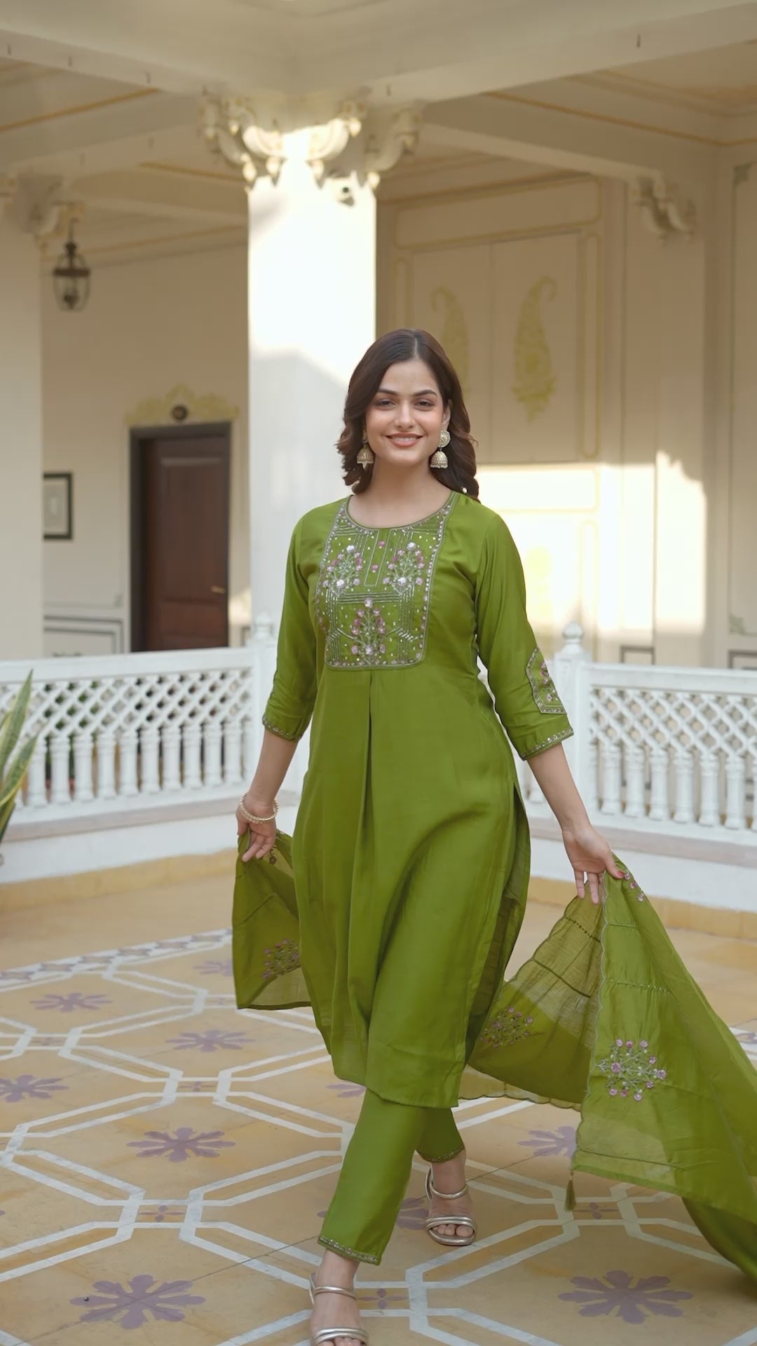 Designer Mango Silk Kurti Set with Heavy Embroidery & Maslin Dupatta