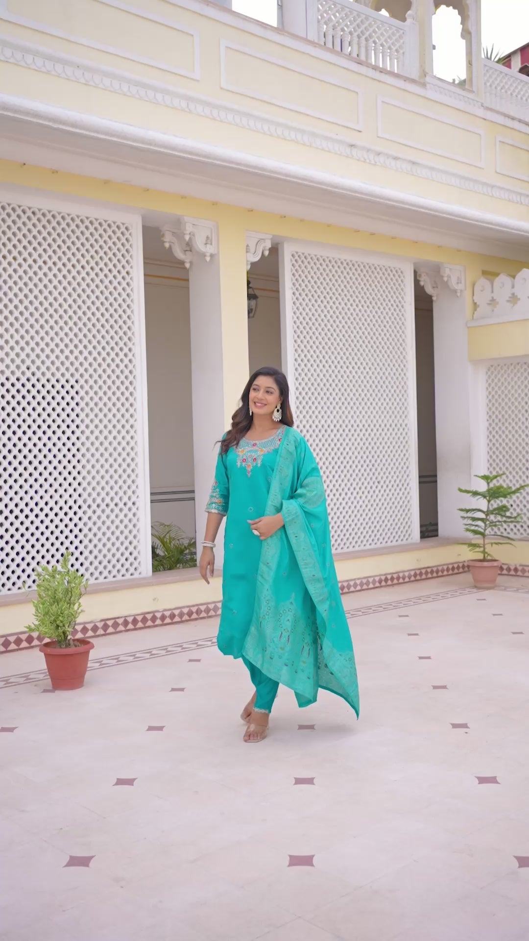 Roman Silk Embroidered Kurti Pant Dupatta Set for Women