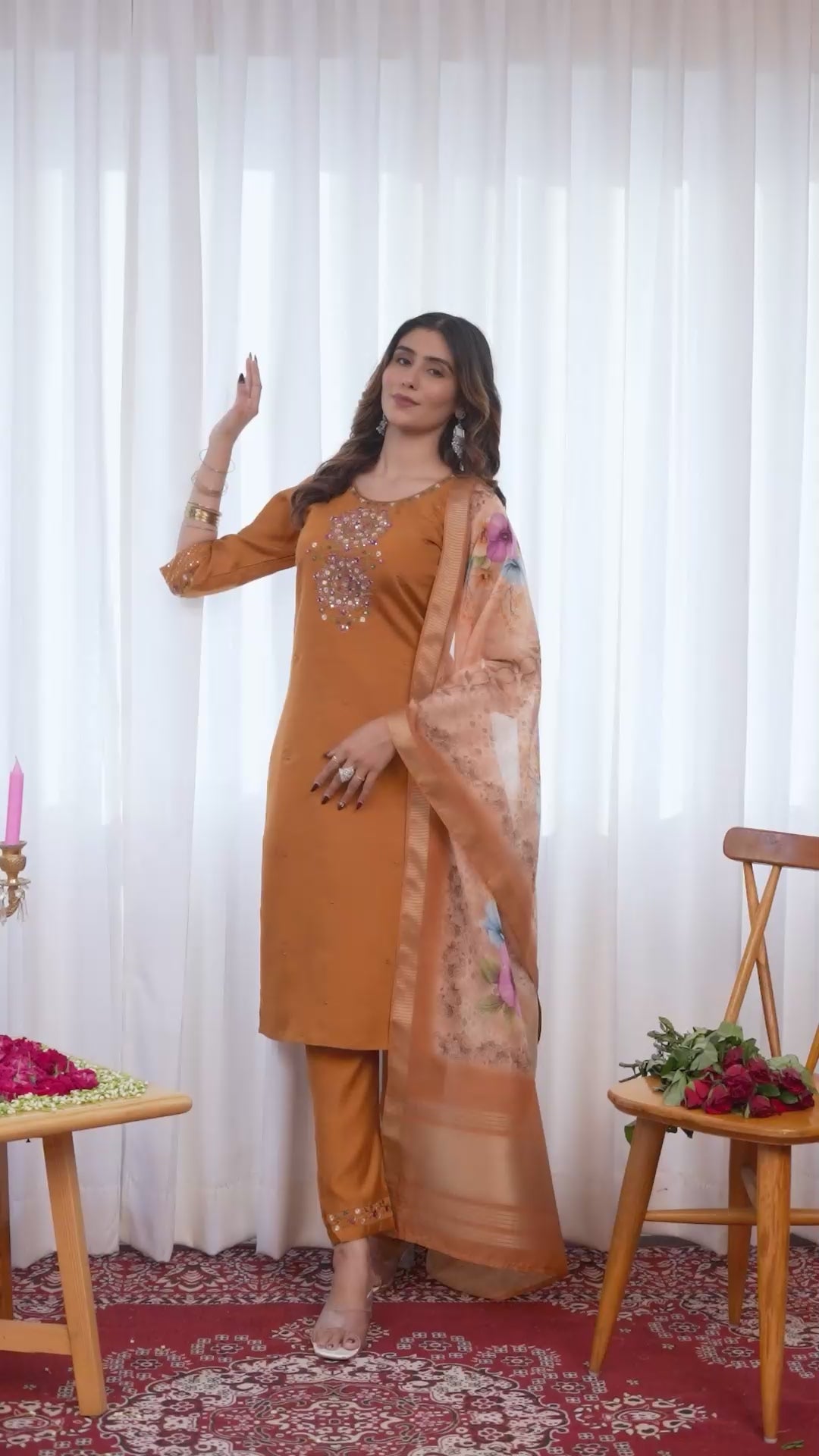 Classic Straight Kurti with Detailed Thread Embroidery & Matching Dupatta
