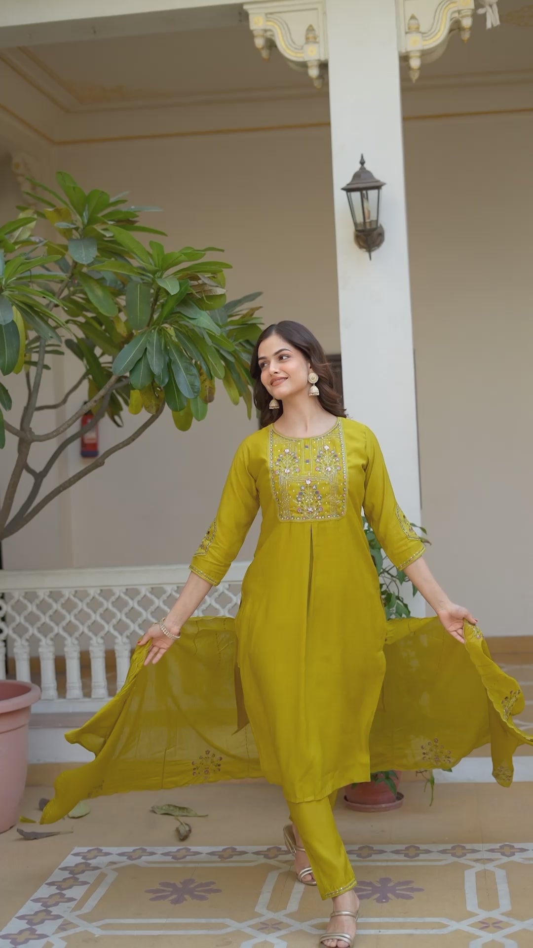Designer Mango Silk Kurti Set with Heavy Embroidery & Maslin Dupatta