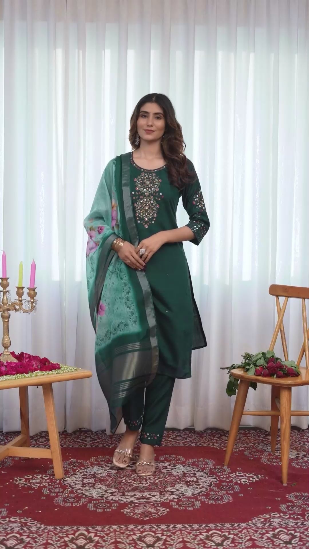 Classic Straight Kurti with Detailed Thread Embroidery & Matching Dupatta