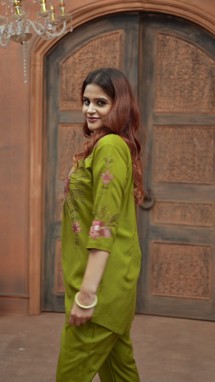 Elegant Floral Embroidery Rayon Co-Ord Set for Women – Straight Pant Style