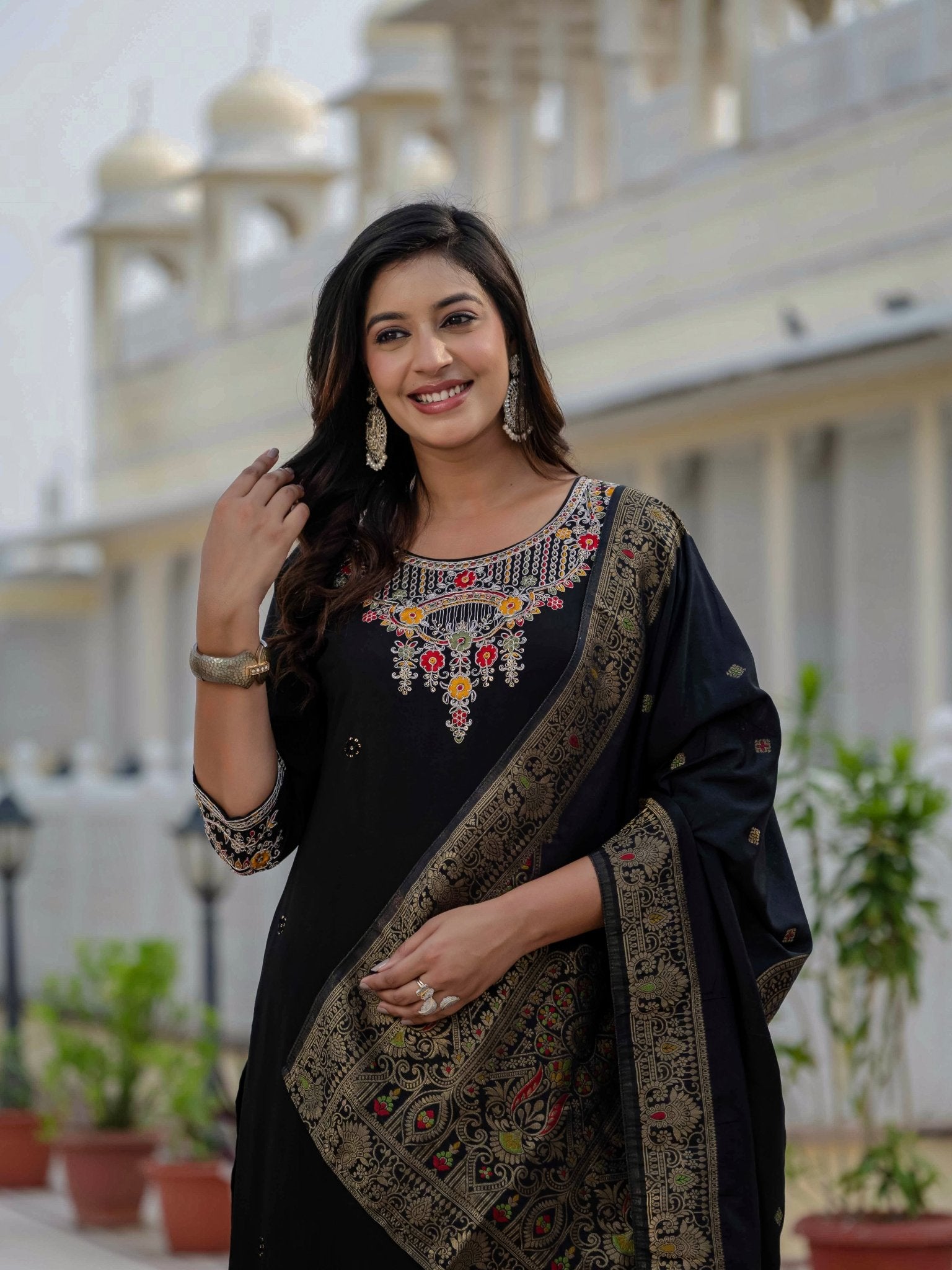 Roman Silk Embroidered Kurti Pant Dupatta Set for Women - Kalanandi the art of timeless fashion - Straight Kurti Pant Dupatta Set