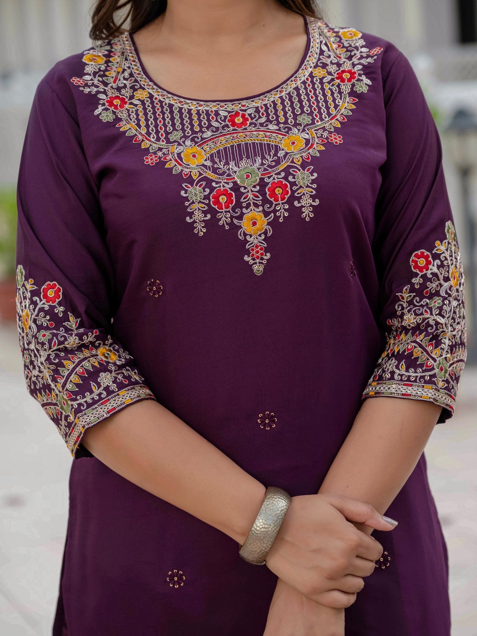 Roman Silk Embroidered Kurti Pant Dupatta Set for Women - Kalanandi the art of timeless fashion - Straight Kurti Pant Dupatta Set