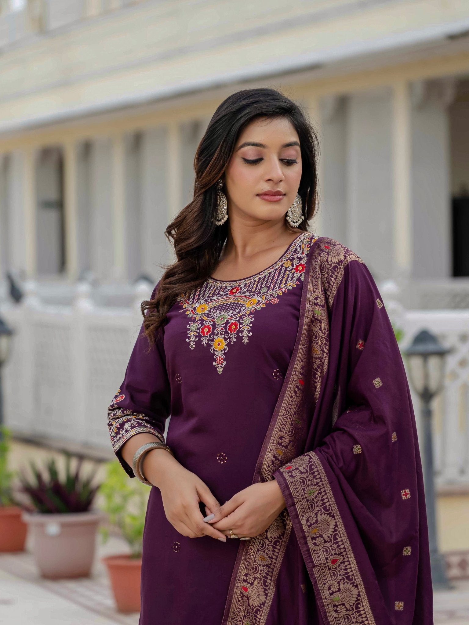 Roman Silk Embroidered Kurti Pant Dupatta Set for Women - Kalanandi the art of timeless fashion - Straight Kurti Pant Dupatta Set