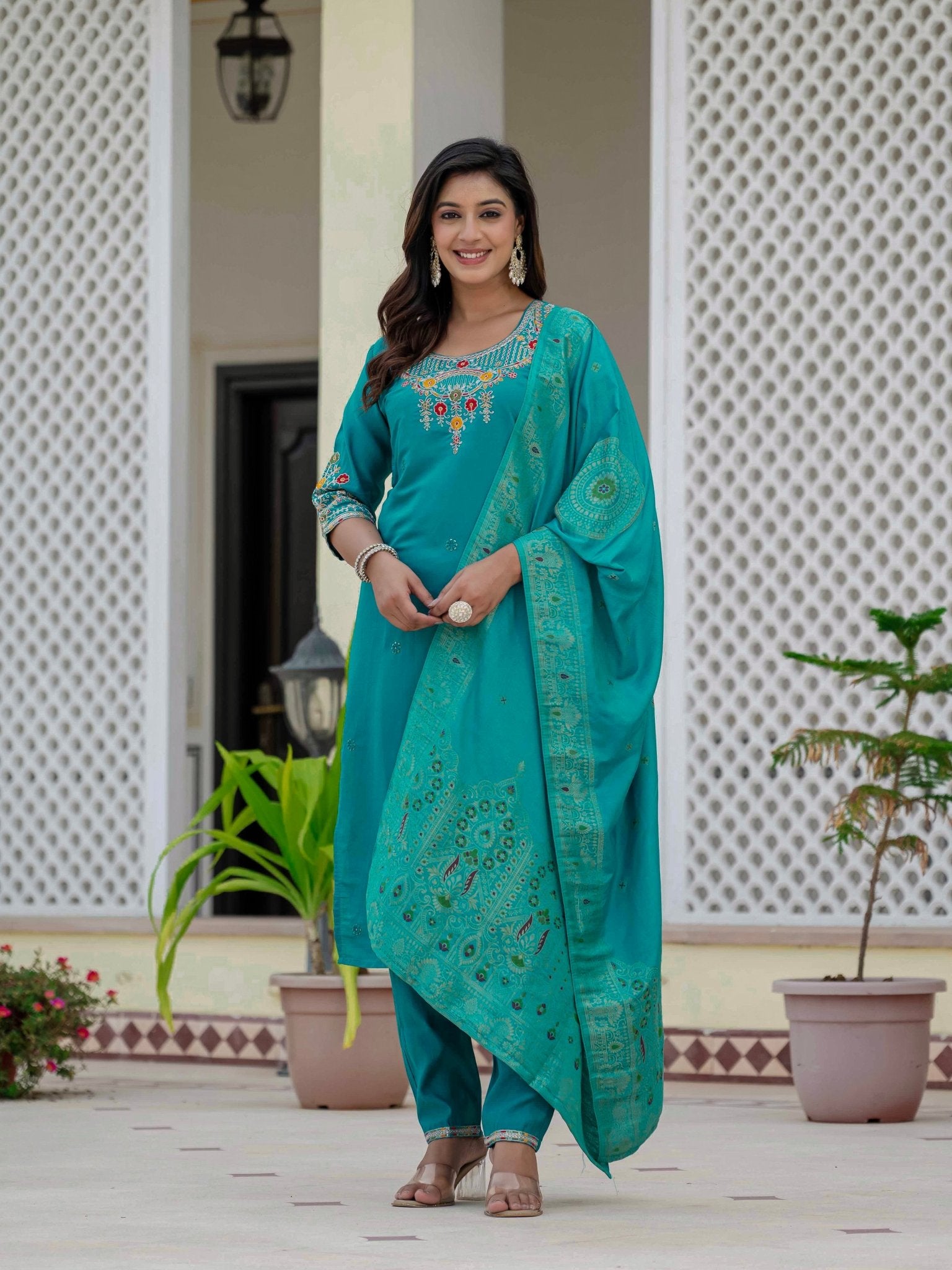Roman Silk Embroidered Kurti Pant Dupatta Set for Women - Kalanandi the art of timeless fashion - Straight Kurti Pant Dupatta Set