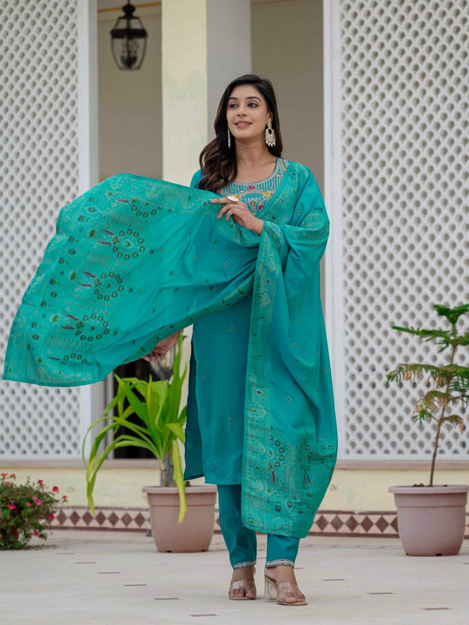 Roman Silk Embroidered Kurti Pant Dupatta Set for Women - Kalanandi the art of timeless fashion - Straight Kurti Pant Dupatta Set