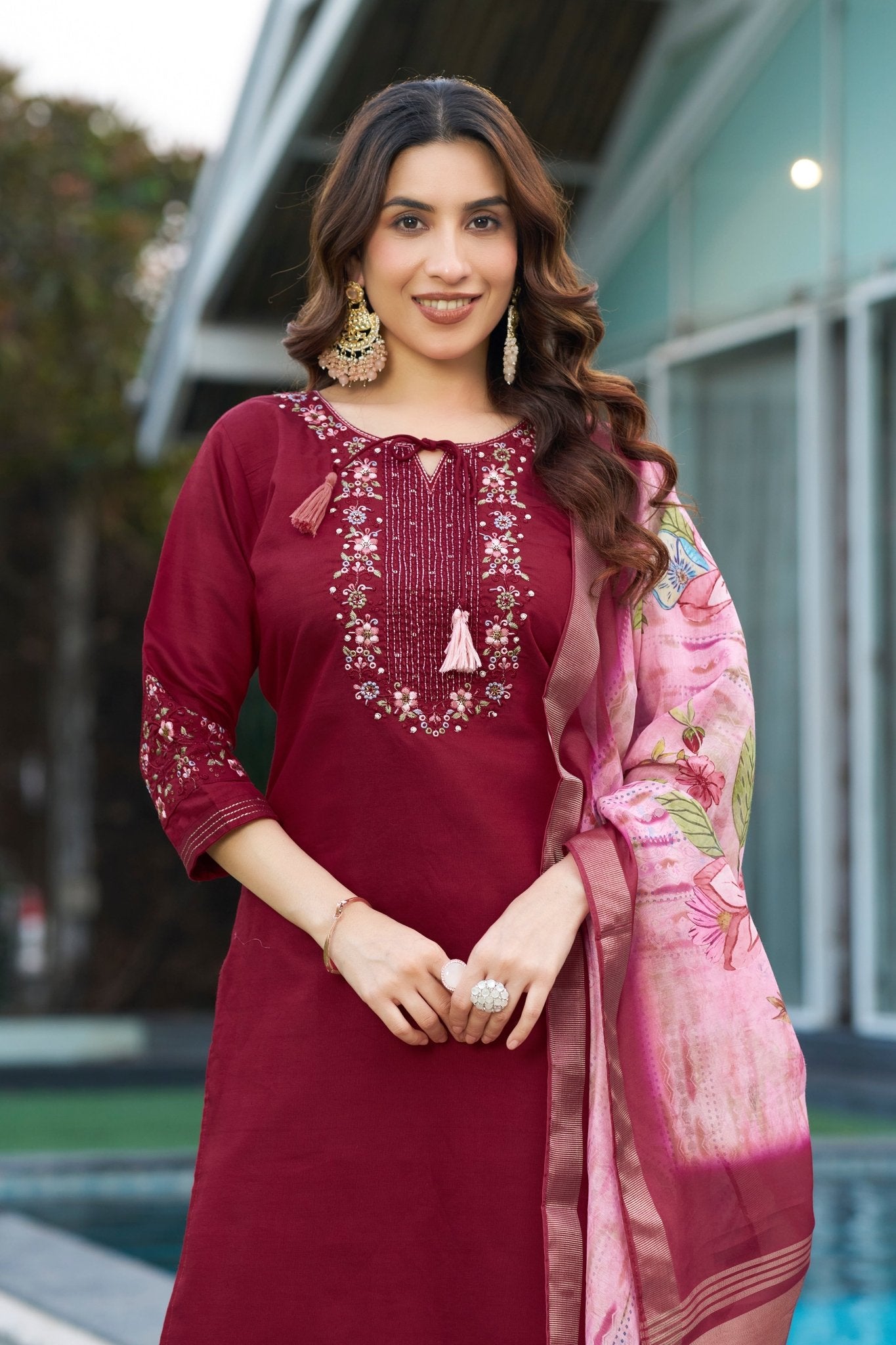 Women’s Embroidered Kurti Pant Suit Set with Lagdi Patta Dupatta - Kalanandi the art of timeless fashion - Straight Kurti Pant Dupatta Set
