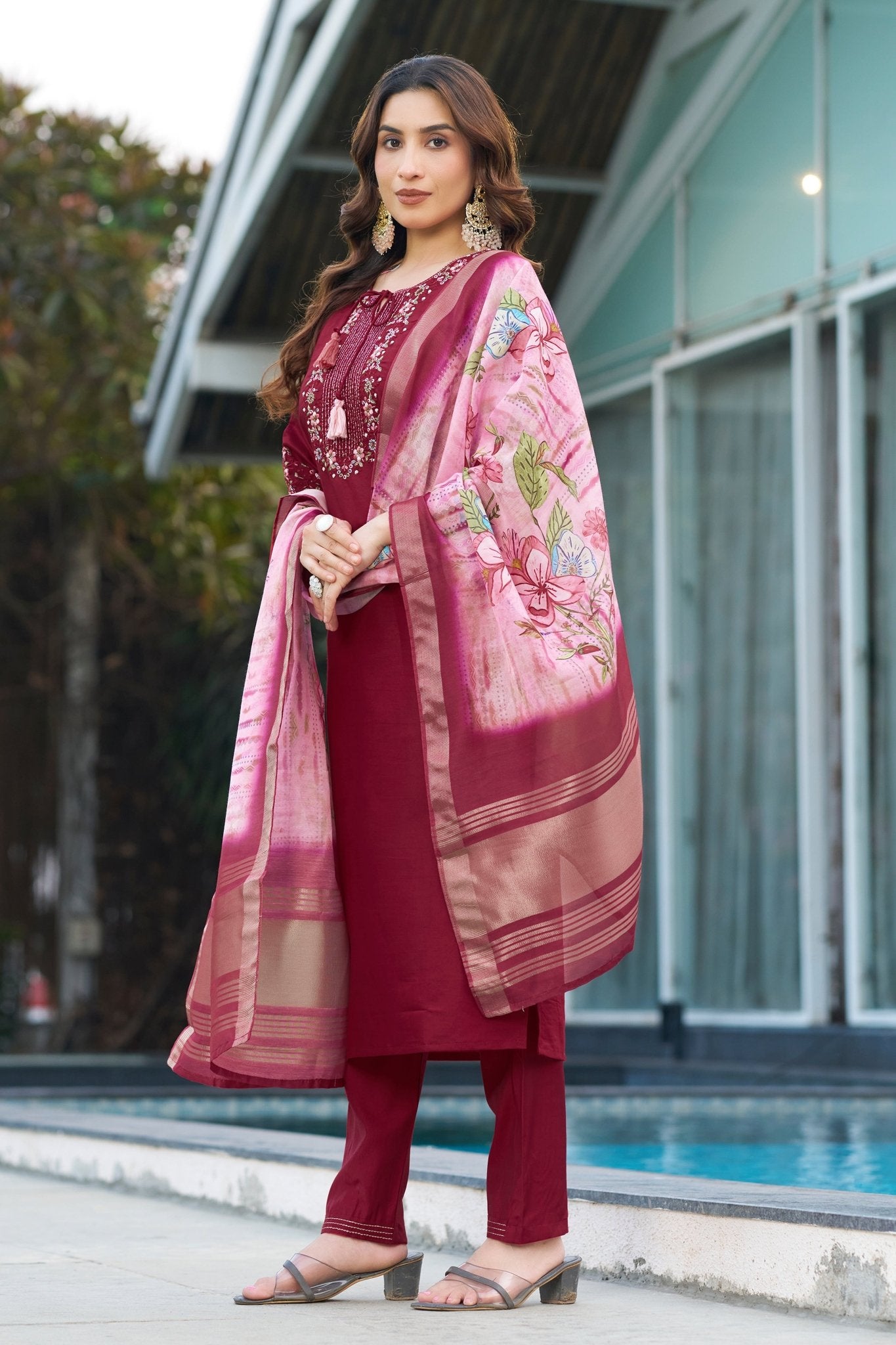 Women’s Embroidered Kurti Pant Suit Set with Lagdi Patta Dupatta - Kalanandi the art of timeless fashion - Straight Kurti Pant Dupatta Set