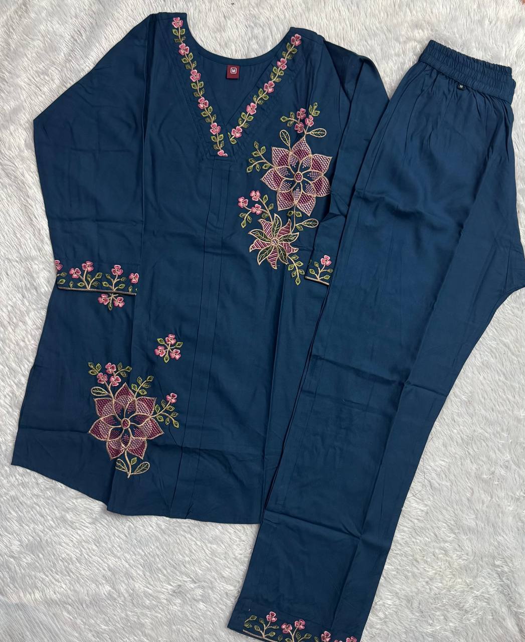 Women’s Floral Embroidered Kurta Palazzo Co-Ord Set | 3/4 Sleeve Ethnic Wear Set - Kalanandi the art of timeless fashion - Co-Ord Set