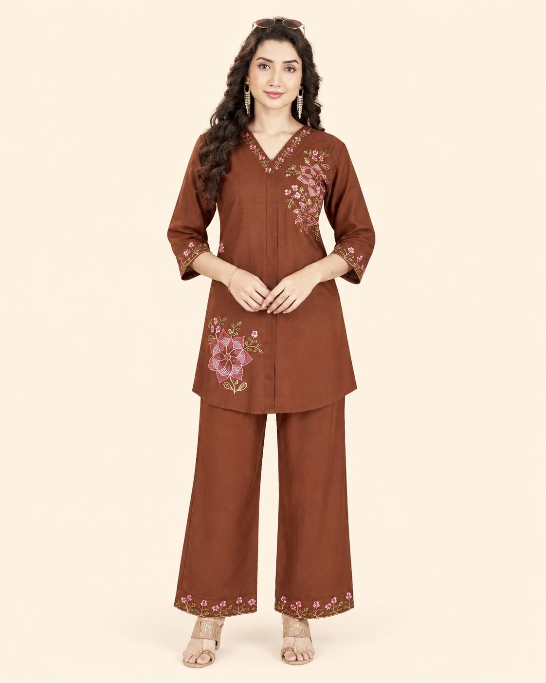 Women’s Floral Embroidered Kurta Palazzo Co-Ord Set | 3/4 Sleeve Ethnic Wear Set - Kalanandi the art of timeless fashion - Co-Ord Set