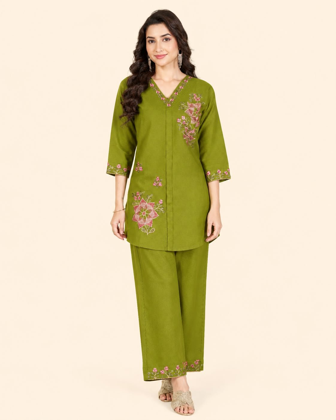 Women’s Floral Embroidered Kurta Palazzo Co-Ord Set | 3/4 Sleeve Ethnic Wear Set - Kalanandi the art of timeless fashion - Co-Ord Set