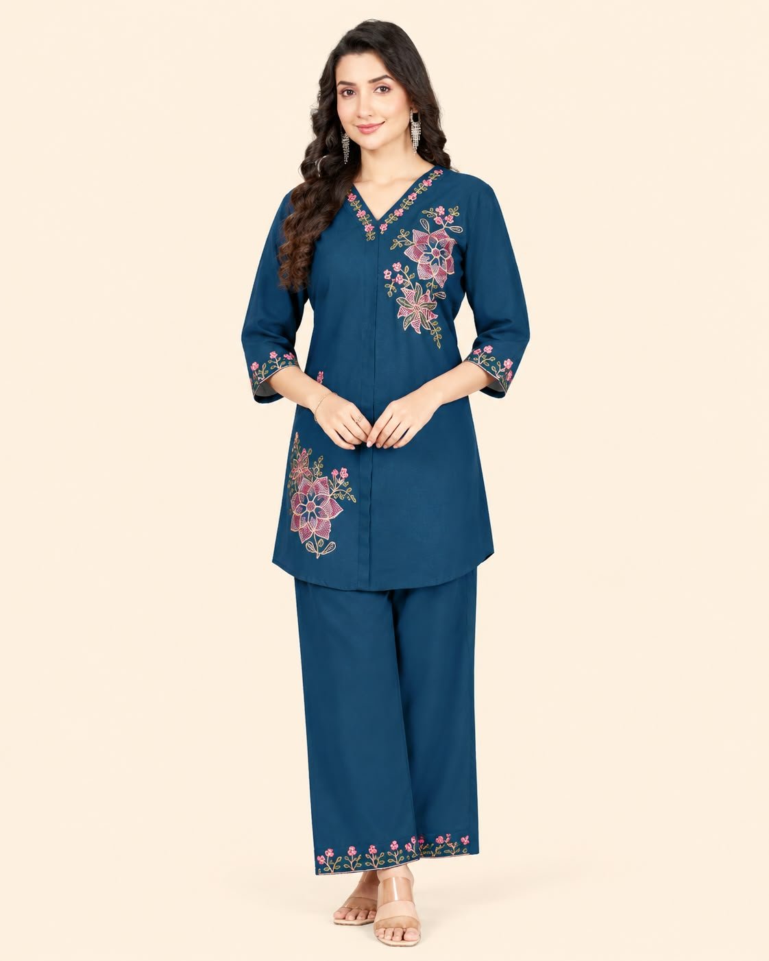 Women’s Floral Embroidered Kurta Palazzo Co-Ord Set | 3/4 Sleeve Ethnic Wear Set - Kalanandi the art of timeless fashion - Co-Ord Set