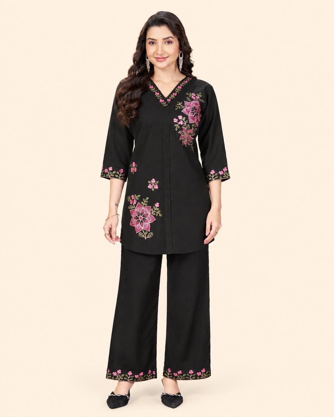 Women’s Floral Embroidered Kurta Palazzo Co-Ord Set | 3/4 Sleeve Ethnic Wear Set - Kalanandi the art of timeless fashion - Co-Ord Set