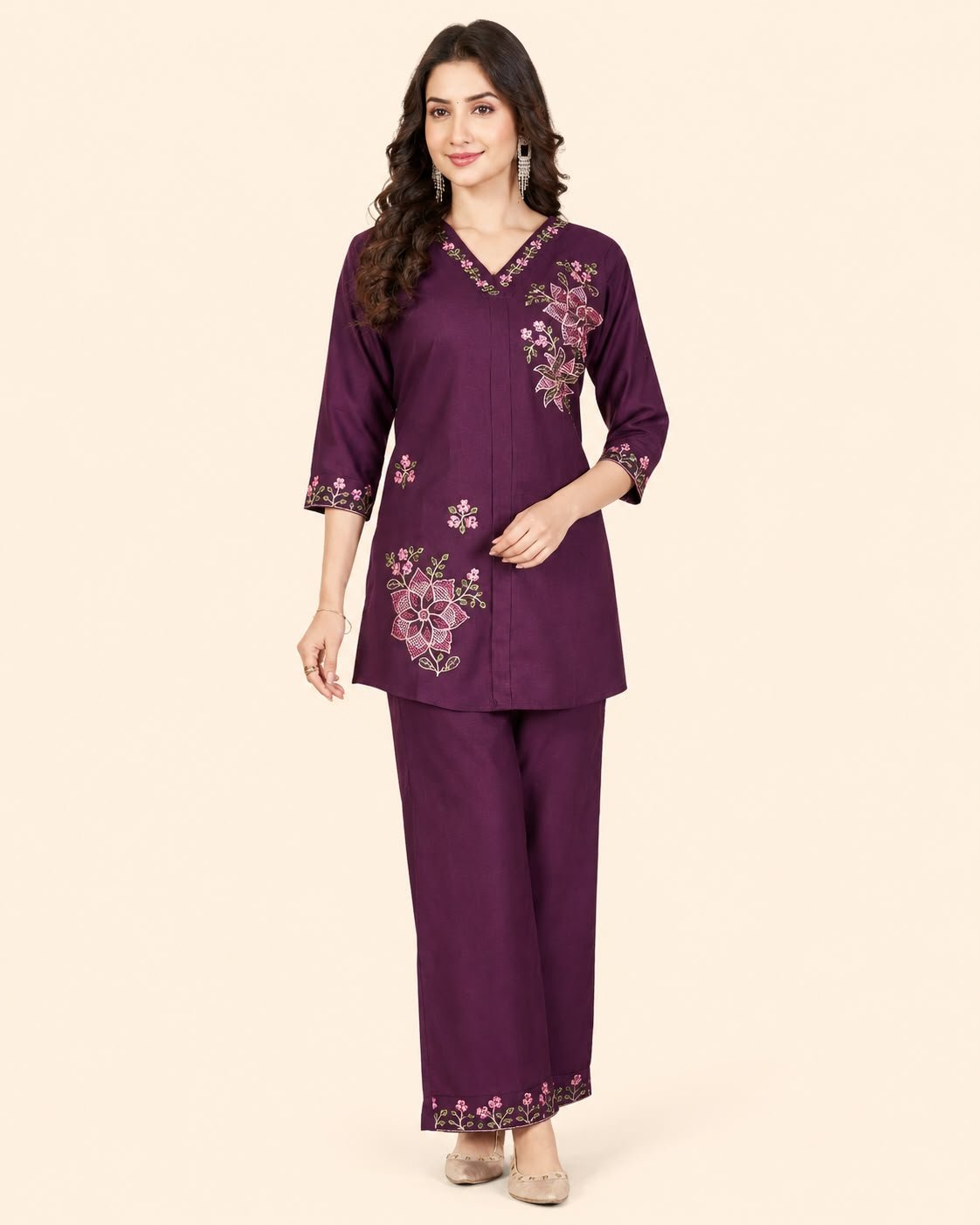 Women’s Floral Embroidered Kurta Palazzo Co-Ord Set | 3/4 Sleeve Ethnic Wear Set - Kalanandi the art of timeless fashion - Co-Ord Set