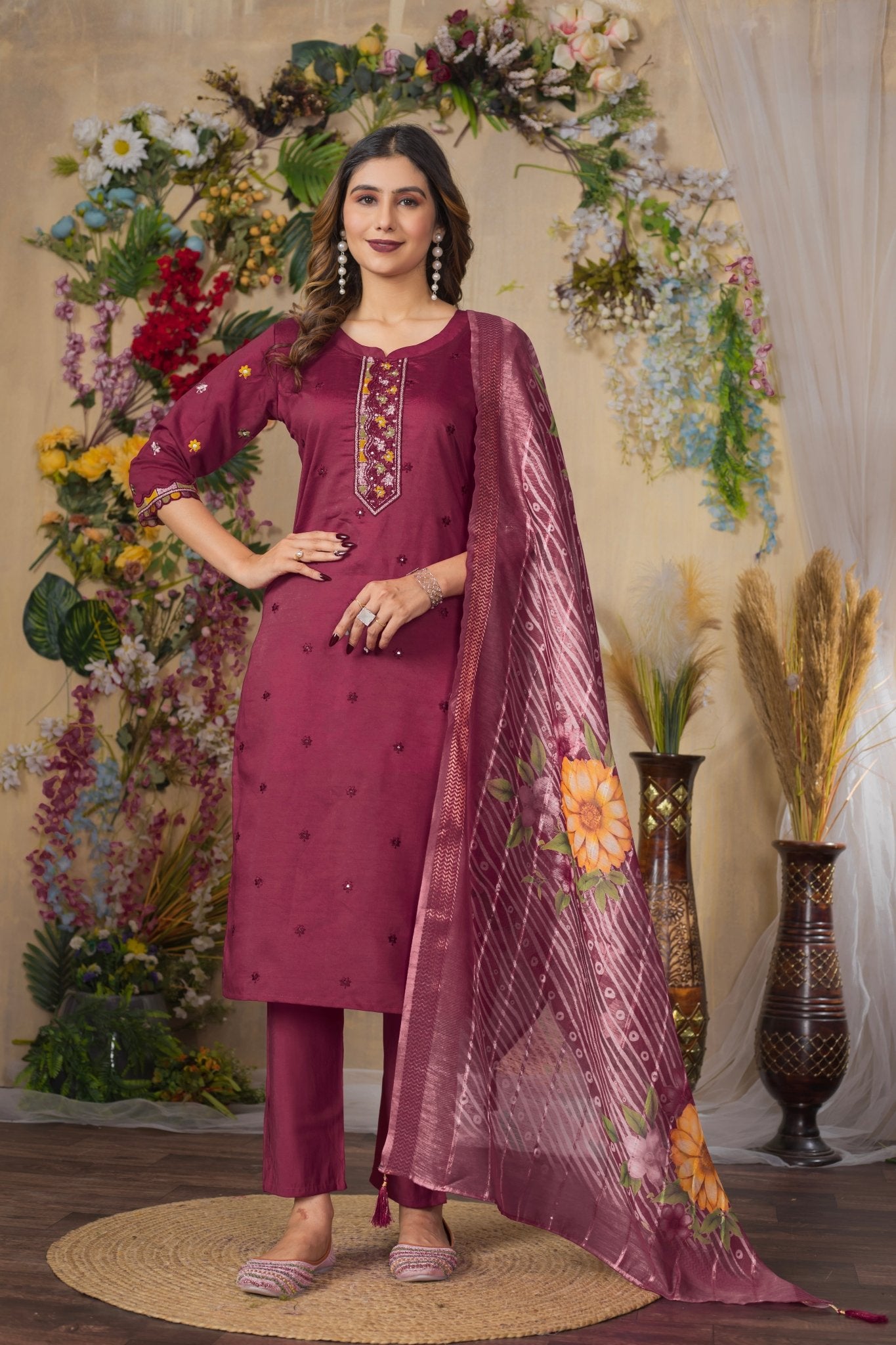 Women’s Stylish Embroidered Kurti Pant Dupatta Set – Party & Festive Collection - Kalanandi the art of timeless fashion - Straight Kurti Pant Dupatta Set